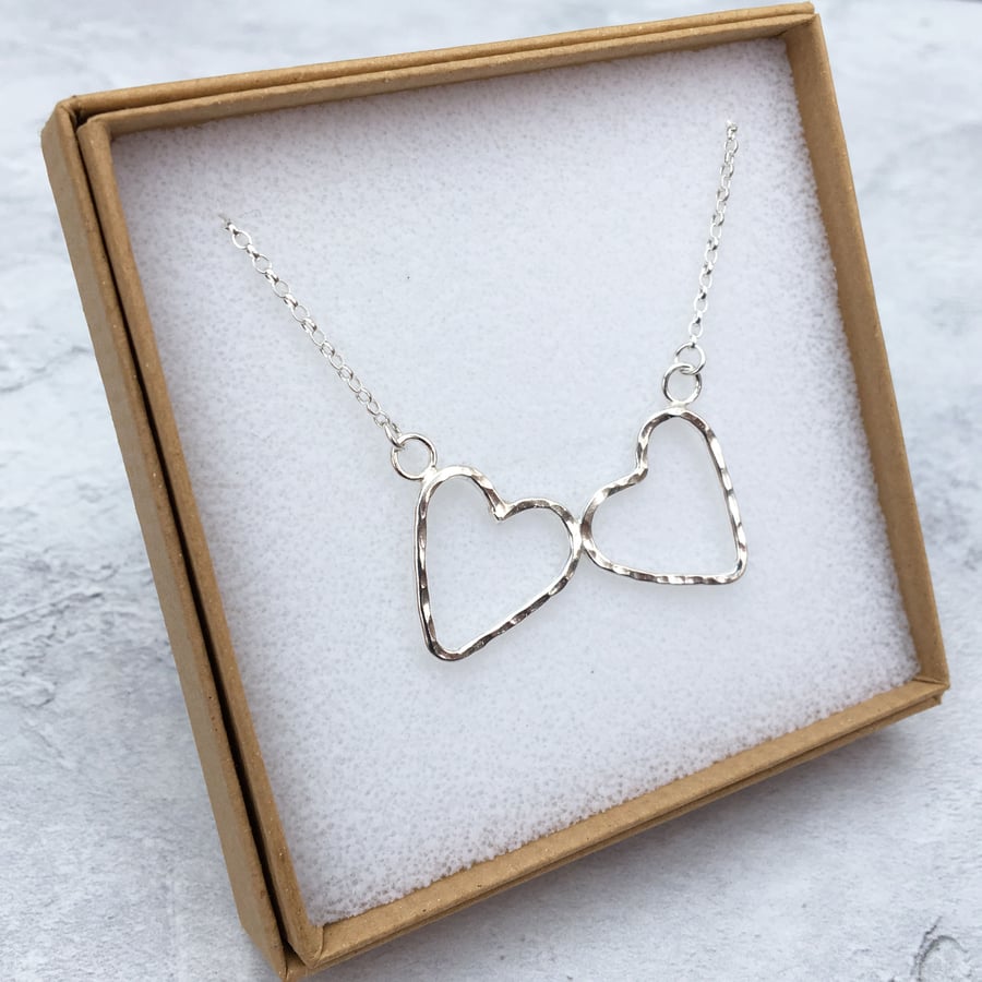 Sterling Silver Hammered Double Heart Necklace - NEK005