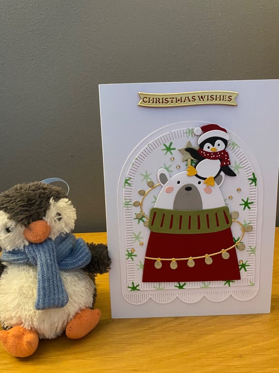  Handmade Christmas Card – Christmas Wishes Bear & Penguin Christmas Card