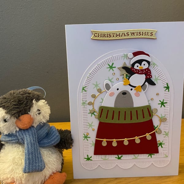 Handmade Christmas Card – Christmas Wishes Bear & Penguin Christmas Card