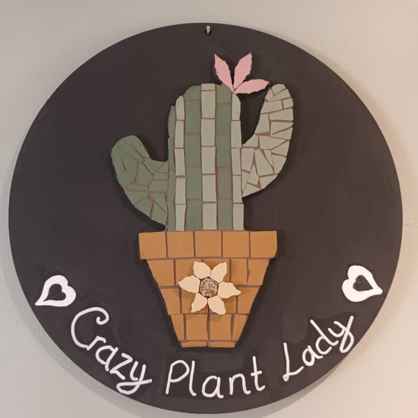 Handmade crazy plant lady cactus mosaic wall plaque sign 