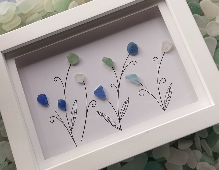 Sea glass flowers framed picture, Scottish floral sea beach glass art