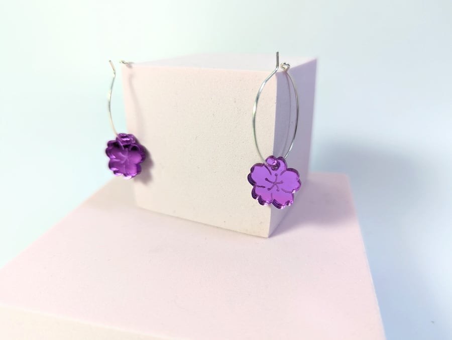 Flower earrings in purple mirror acrylic hoop earrings Sakura earrings S.Silver