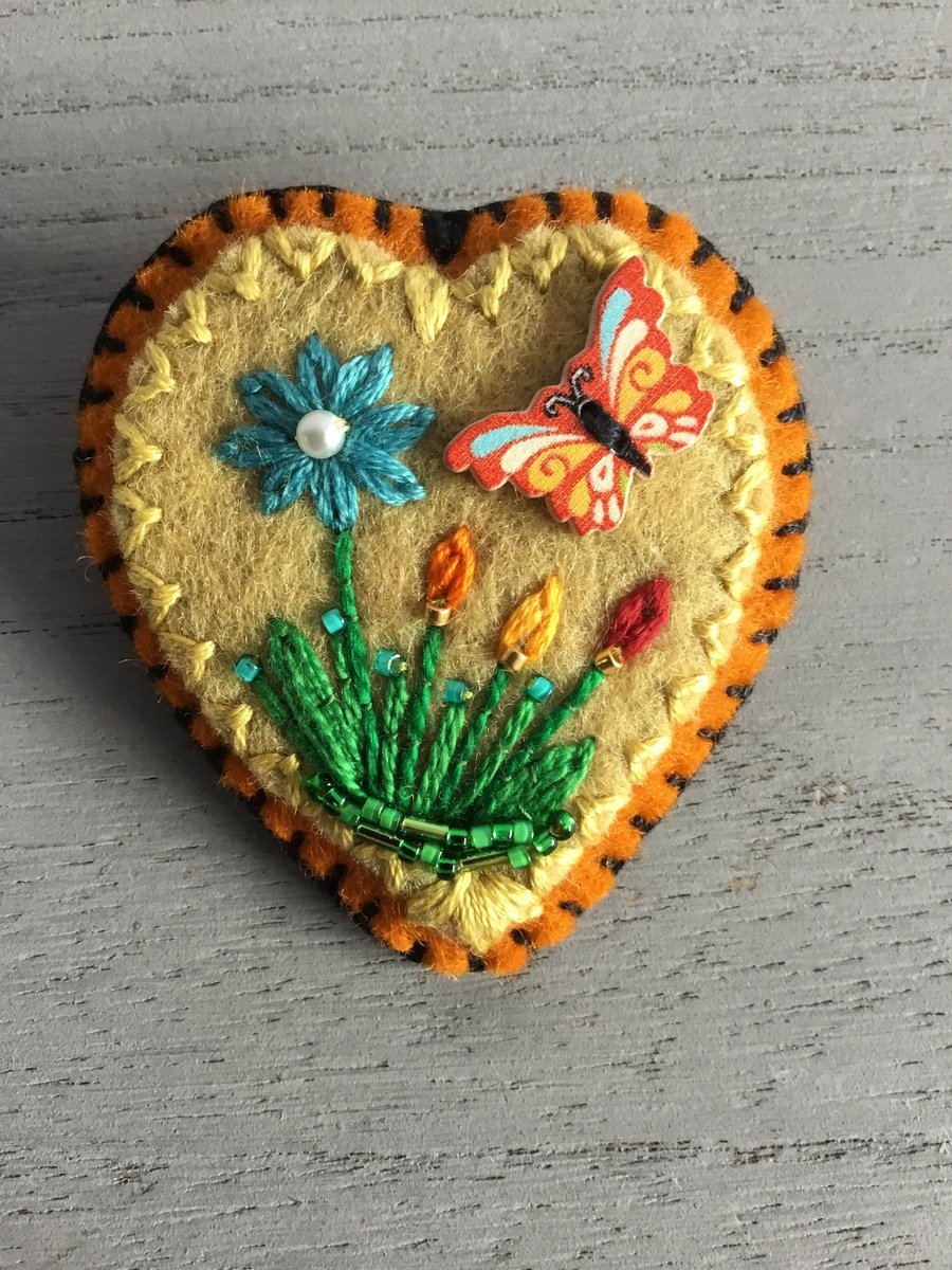 Hand Embroidered Garden Butterfly Brooch