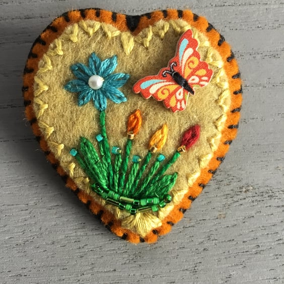Hand Embroidered Garden Butterfly Brooch