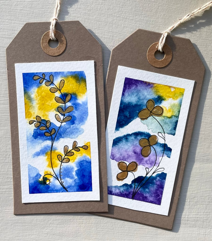 Gift tags, hand painted with blue and yellow abstract designs Seconds Sunday