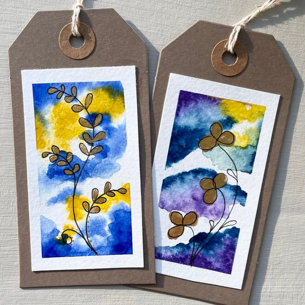 Gift tags, hand painted with blue and yellow abstract designs Seconds Sunday