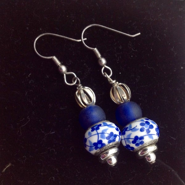 Blue and white earrings with ceramic beads, 