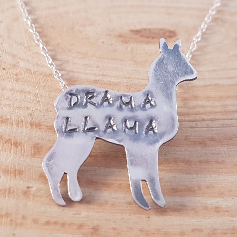 Sterling Silver Stamped 'Drama Llama' Llama Necklace