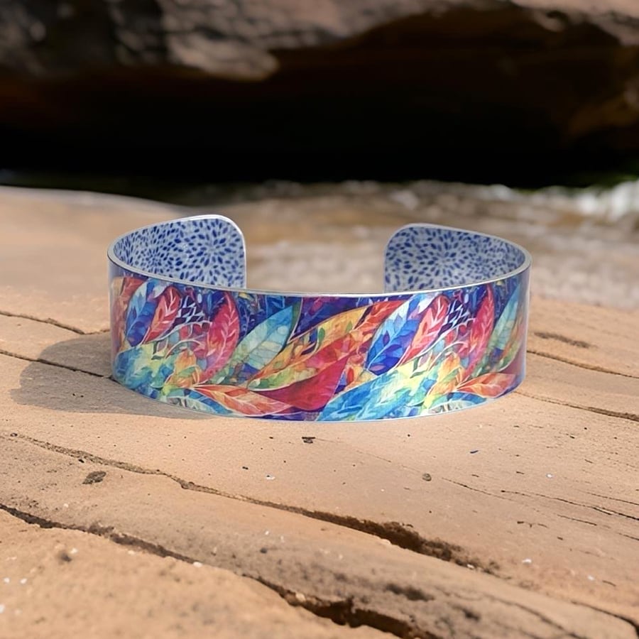 Leaf jewellery bangle, colourful cuff bracelet. Can be personalised (832)