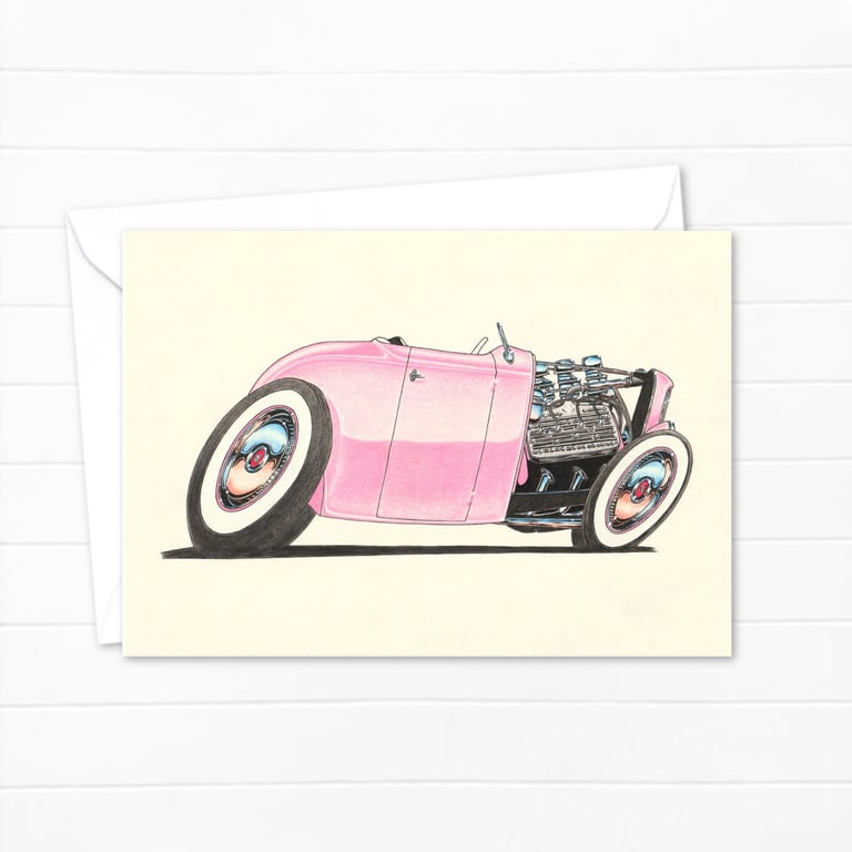 Pink Street Rod Greeting Card: Original Art for a Classic Car Lover (404)