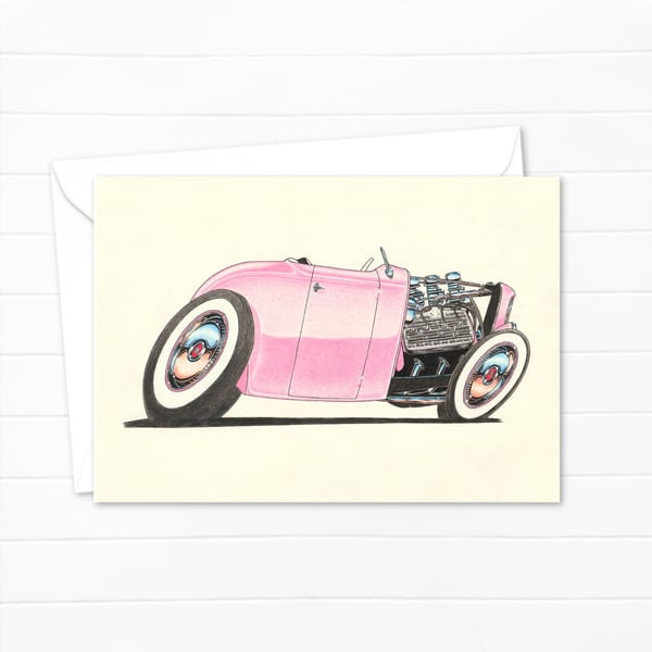 Pink Street Rod Greeting Card: Original Art for a Classic Car Lover (404)