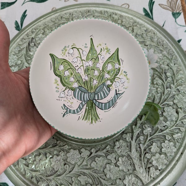 Lily of the valley hand-painted May birth flower ring dish