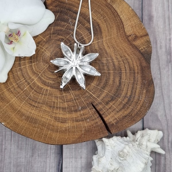 Real Star Anise preserved in silver, pendant necklace