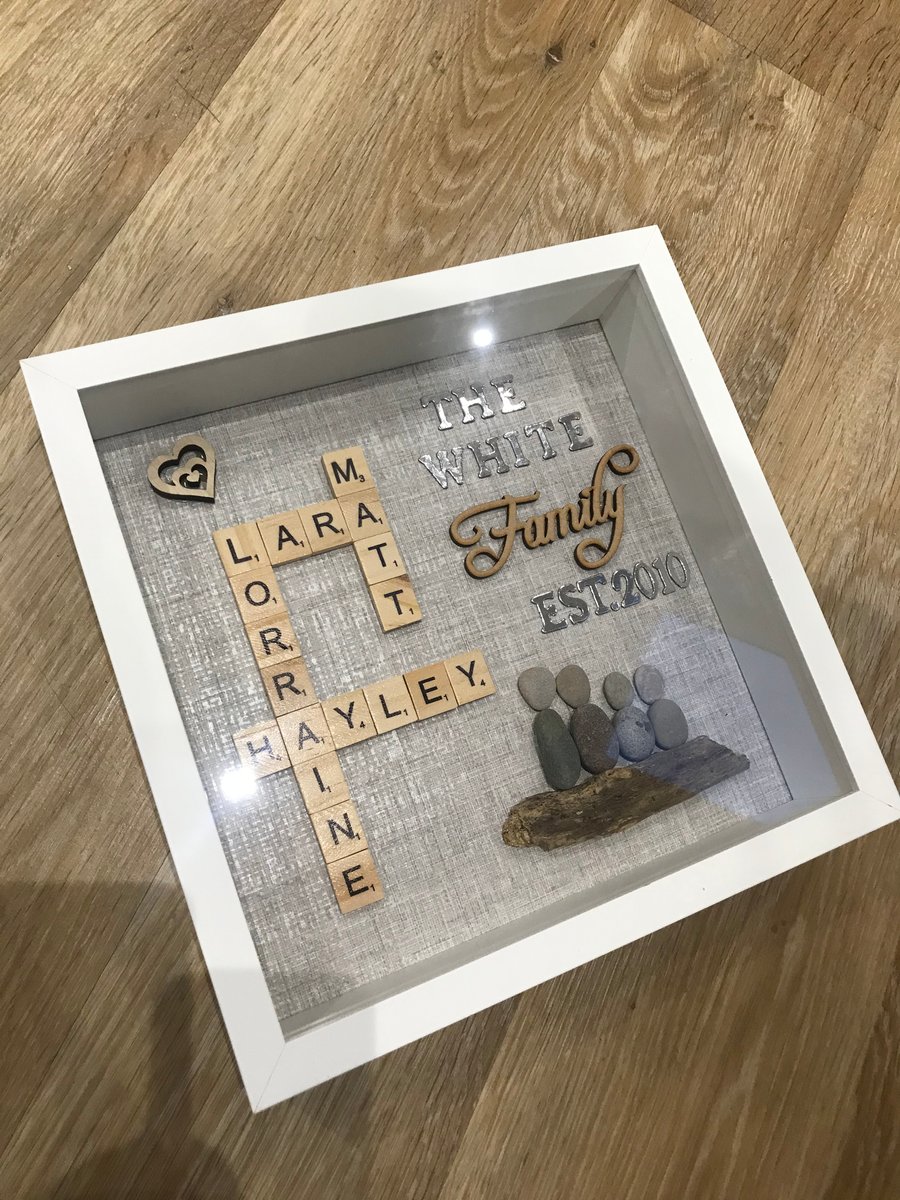 Scrabble & Pebble Art, Personalised Scrabble Frame, New Home Gift, Anniversary 