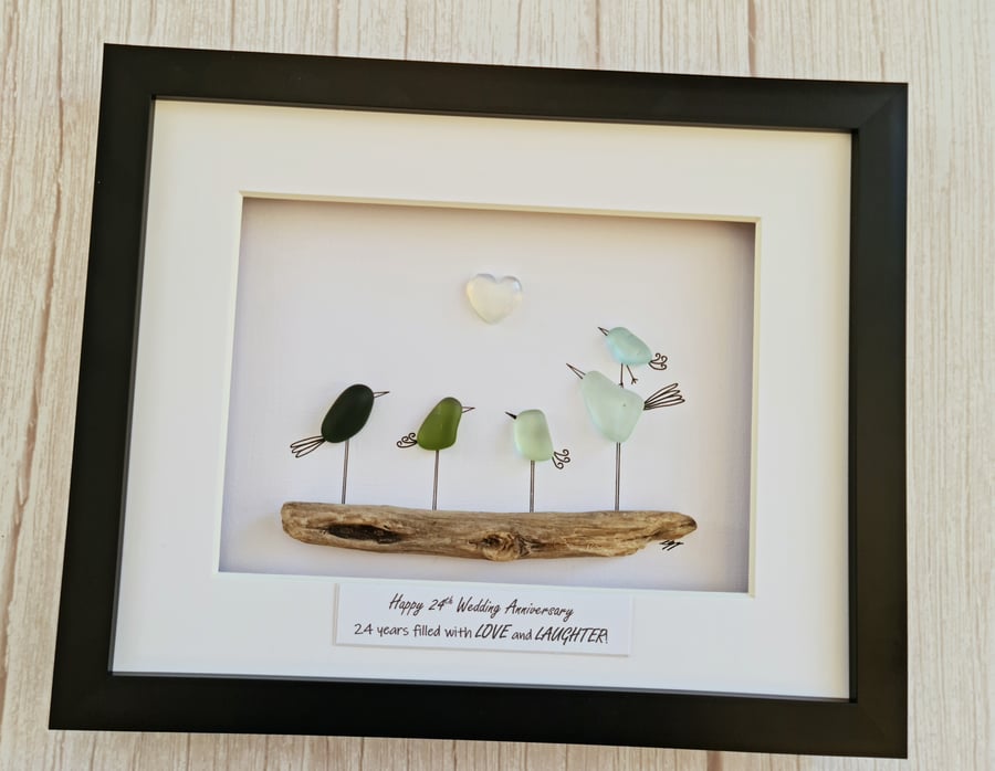 Personalised 24th Opal Anniversary gift for wife, birds sea glass art 