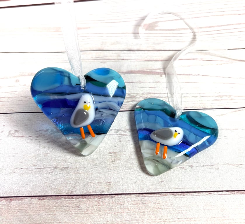 Fused glass hanging seagull heart