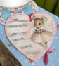 Wooden Ballerina Mouse Heart Ornament - Pink Nursery Decor - Musical Note Shabby