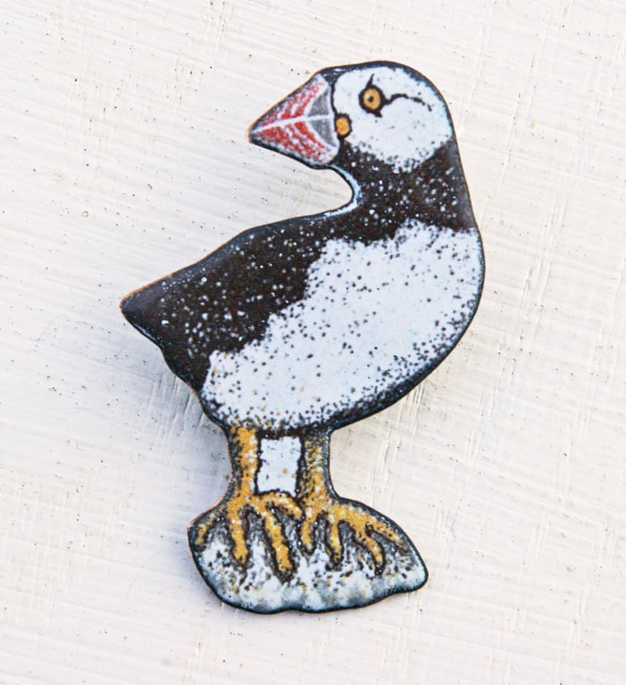 Standing Puffin Brooch in Enamels