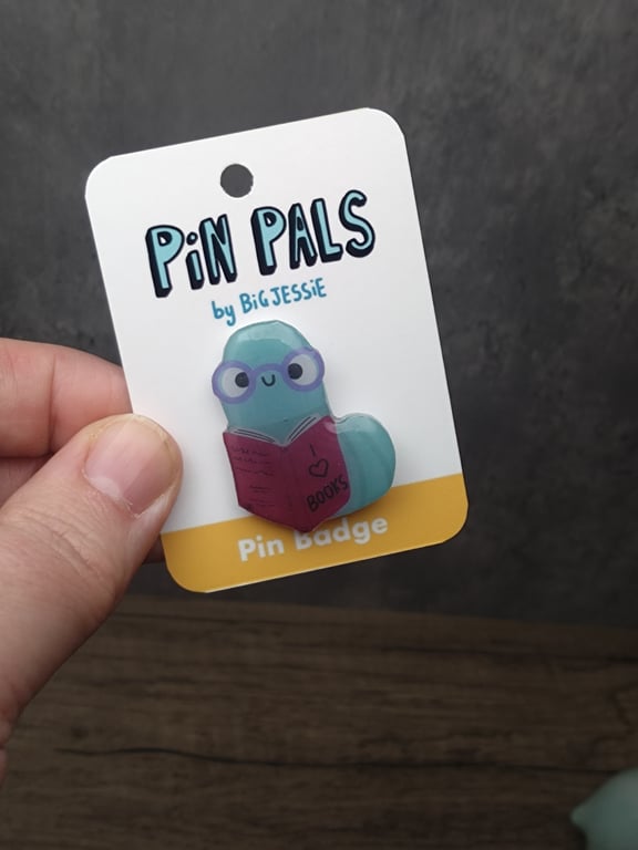 Book lovers bookworm pin badge