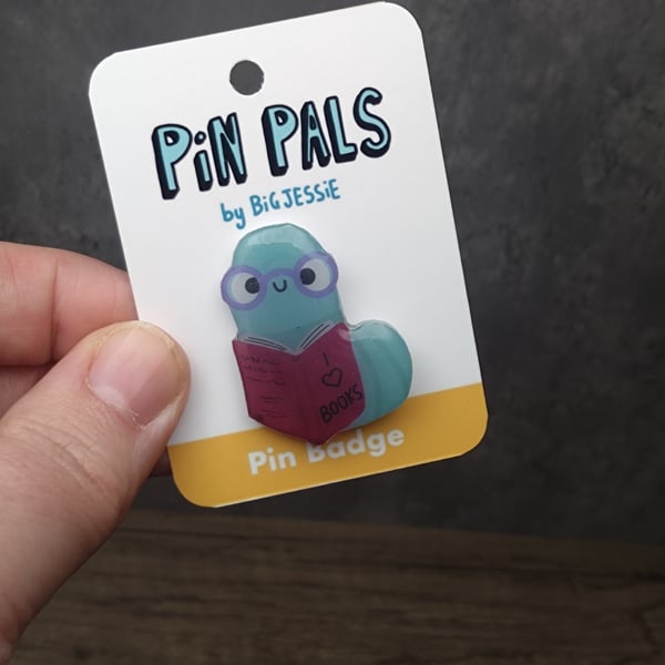 Book lovers bookworm pin badge