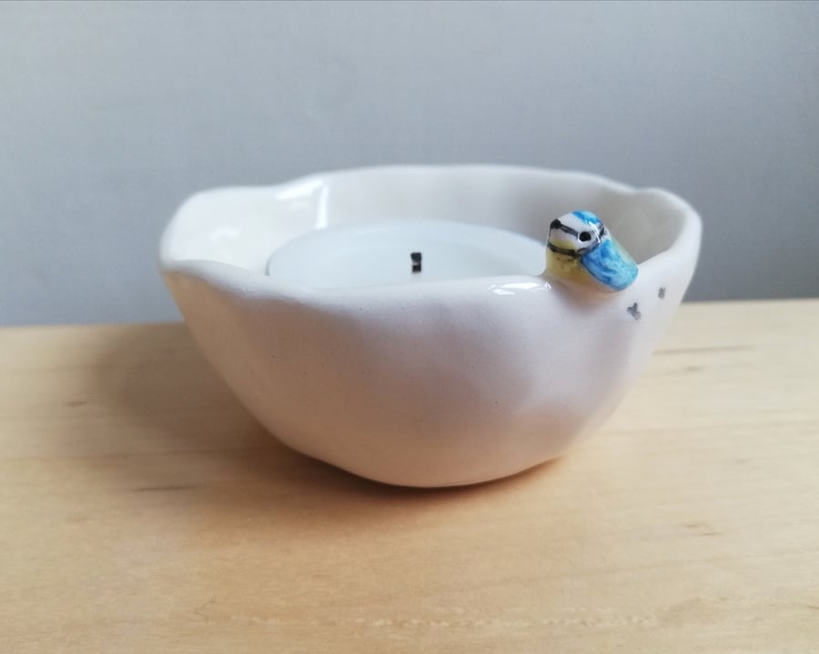 Blue tit tealight & birdprints Handmade ceramic pottery candle holder 