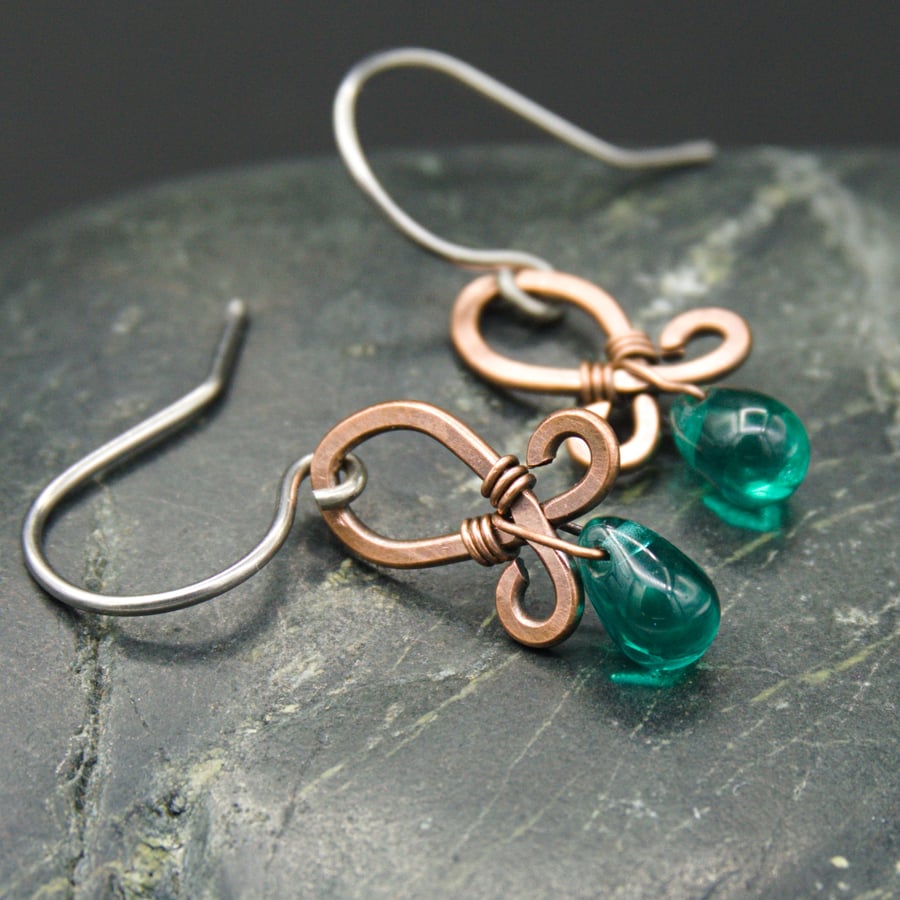 Hammered Copper Wire Earrings with Teal Drops
