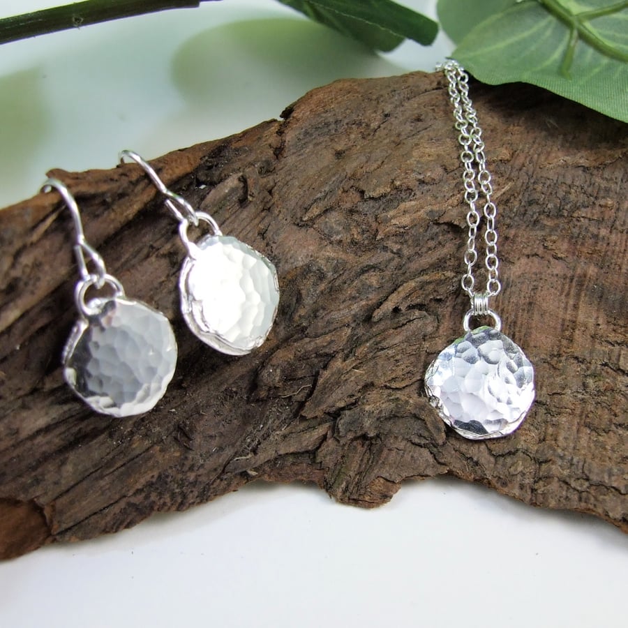 Recyled Silver Nugget Pendant and Earring Set, Sterling and Recycled Silver