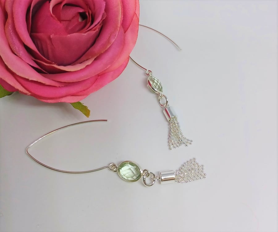 Green Amethyst and Sterling Silver Ball Chain Long Tassel Earrings, Elegant Boho