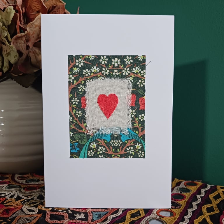 William Morris Blackthorn Fabric Hand Stitched Card with Hand Painted Heart