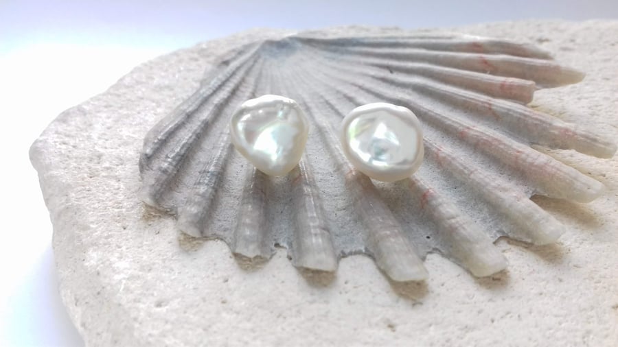 10-11mm White Keshi Pearl Studs - Recycled Sterling Silver