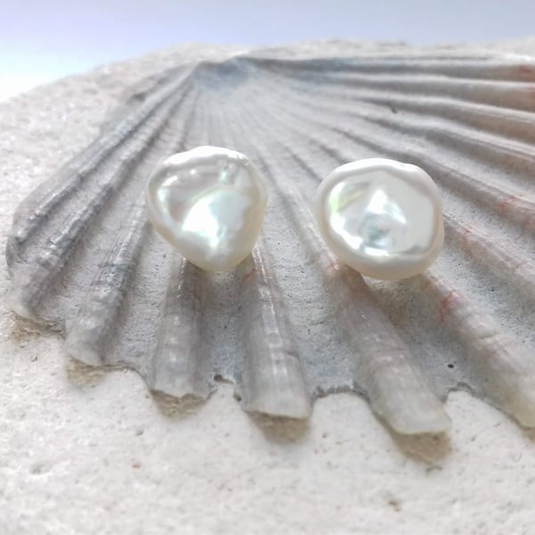 10-11mm White Keshi Pearl Studs - Recycled Sterling Silver