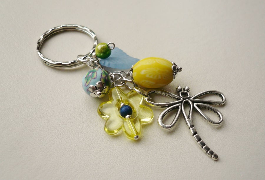 Yellow and Pale Blue Dragonfly Keyring  KCJ1024