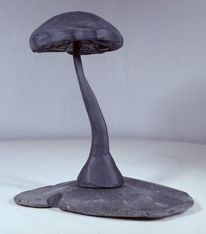 Stone Toadstool, hand cut and carved. Devonian Mudstone on stone base.