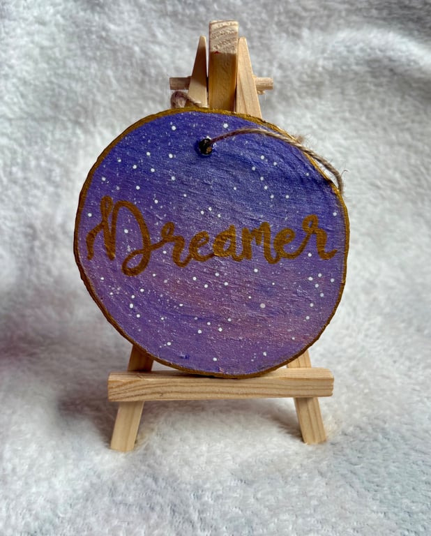 Hand-Painted 'Dreamer' Wood Slice Ornament – Celestial Galaxy Art with Gold Call