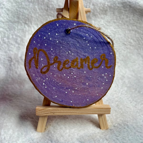Hand-Painted 'Dreamer' Wood Slice Ornament – Celestial Galaxy Art with Gold Call