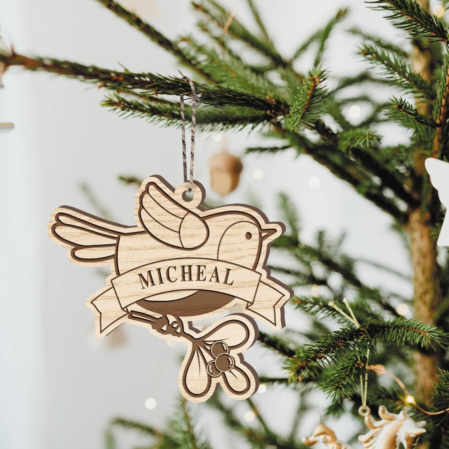 Personalised Robin Christmas Ornament - Custom Name, Rustic Xmas Home Decor