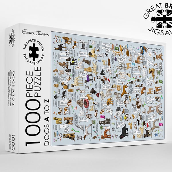 Dog Alphabet 1,000 piece jigsaw puzzle designed and made in the UK