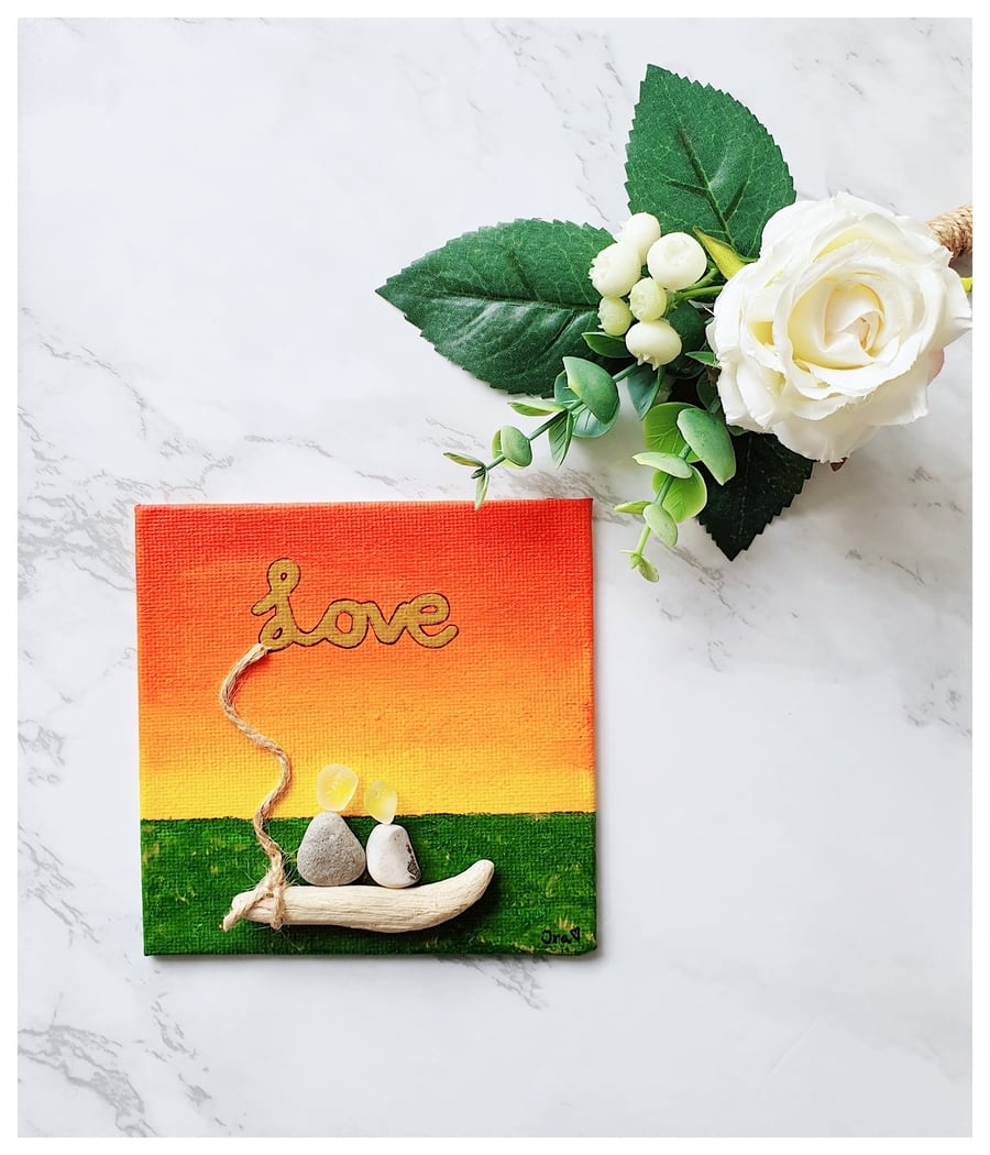 Seaglass, pebble and driftwood canvas "Love - PARTNERS"