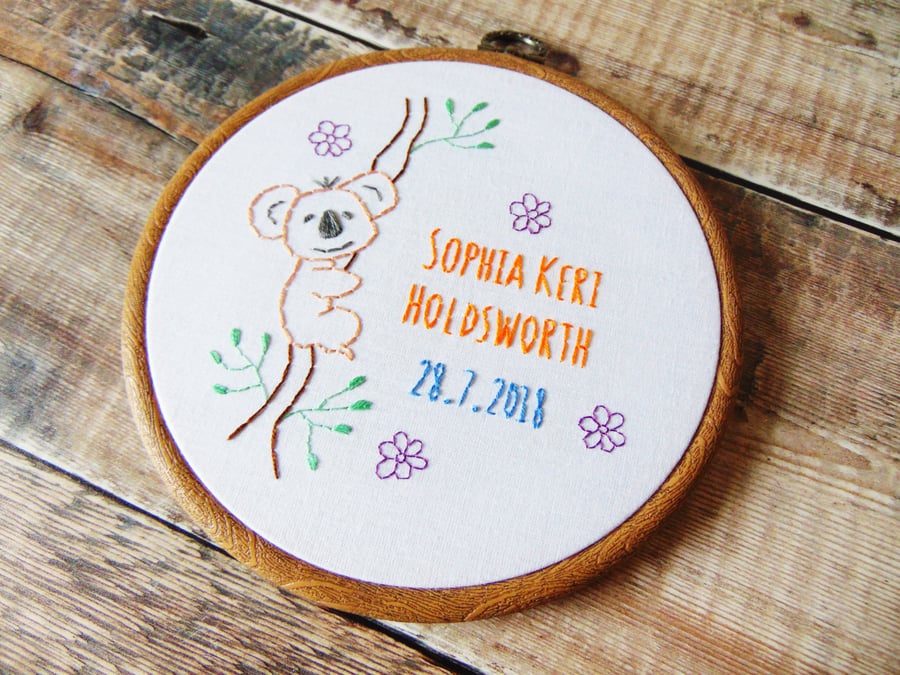 Personalised Koala Gift, Nursery Decor, Baby Gift - Hand Embroidered Hoop