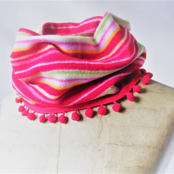 Warm Fleece Cowl, Scarf, neck warmer in multicolour stripes with pom pom fringe.