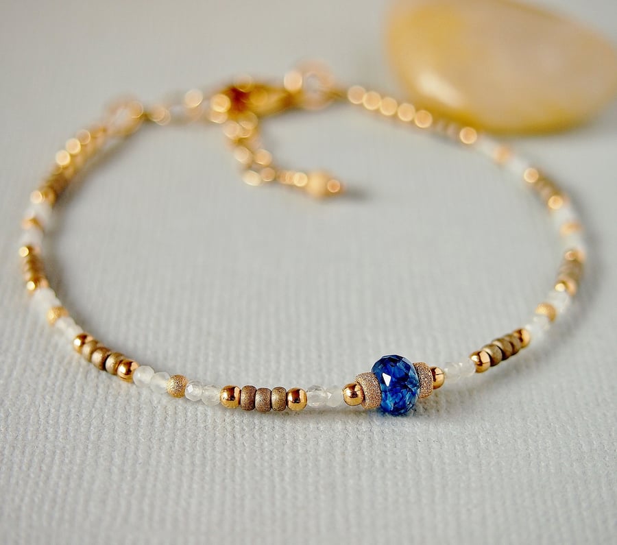 Gemstone Skinny Bracelet - Blue Kyanite  - Moonstone Bracelet - Gold Filled