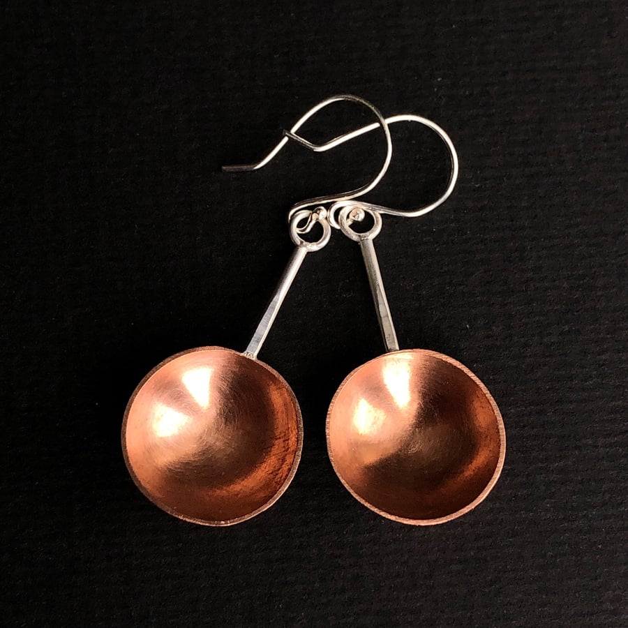 Sterling silver and copper spoon dangle earrings with hammered detail, spoon ear