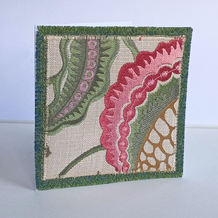 Vintage style Birthday or Greetings card - upycled textiles pink green cream