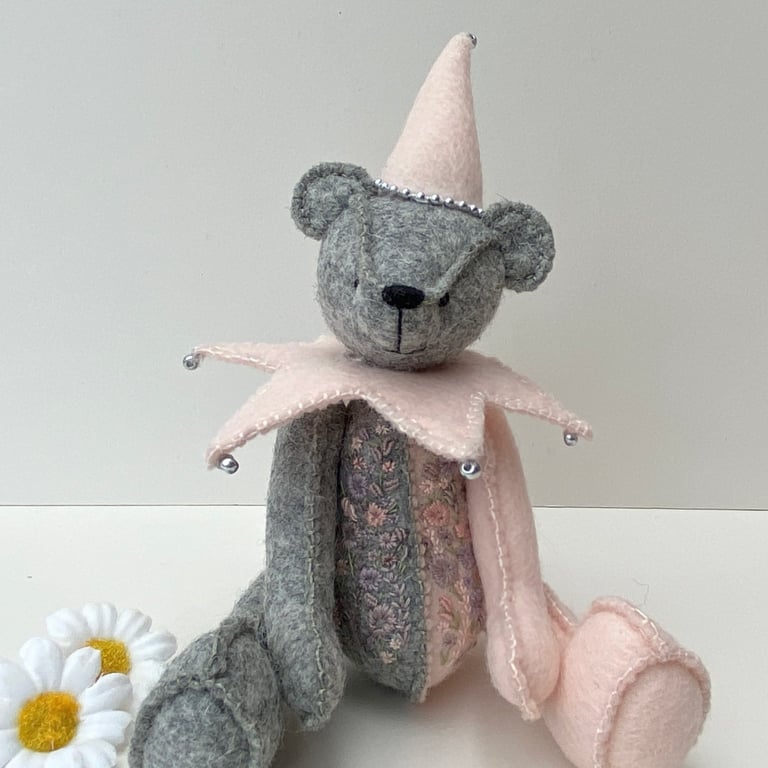 Jester teddy bear, one of a kind adult collectable hand embroidered artist bear