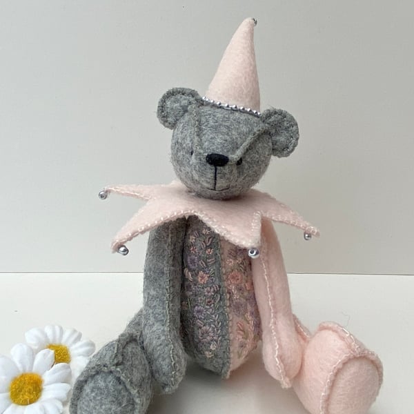 Jester teddy bear, one of a kind adult collectable hand embroidered artist bear