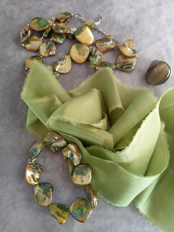 Hand Dyed Green Silk Ribbon: Bridal Bouquet Ribbon, Stationery, Cake Decor