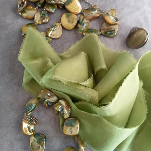 Hand Dyed Green Silk Ribbon: Bridal Bouquet Ribbon, Stationery, Cake Decor