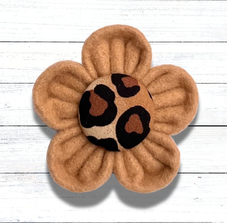 Handmade Brown Felt Flower Brooch, Animal Print Fabric Centre, Christmas Gift
