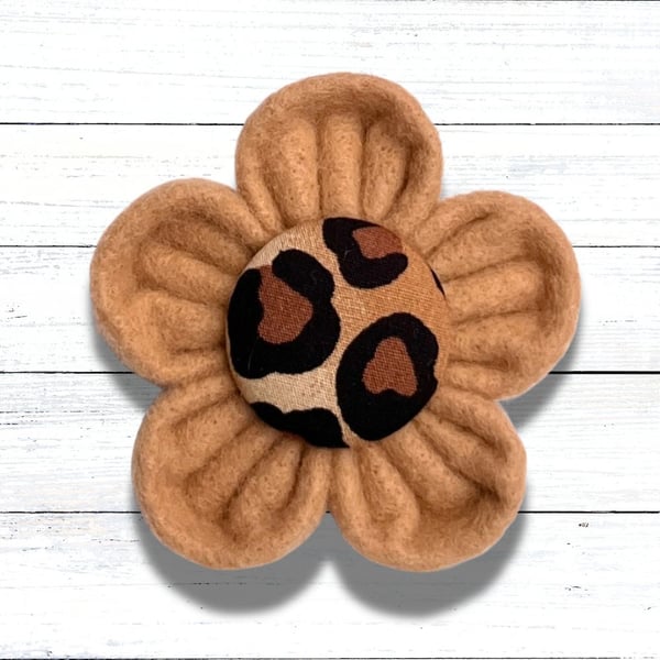 Golden Brown Felt Kanzashi Brooch with Leopard Print Fabric Button Centre 