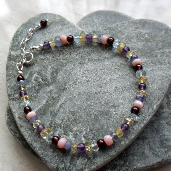 Sterling Silver Bracelet With Mixed Gemstones Dainty Bracelet